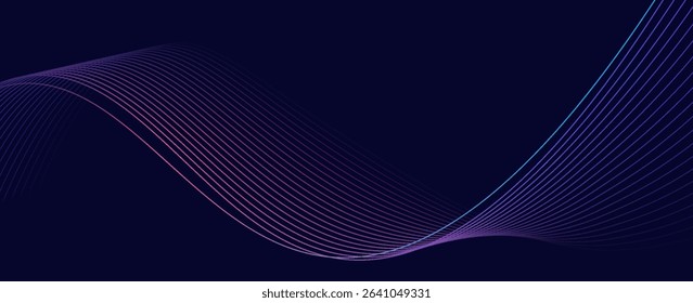Dark abstract background with glowing wave. Shiny moving lines design element. Modern purple blue gradient flowing wave lines. Futuristic technology concept. Vector illustration. eps 10