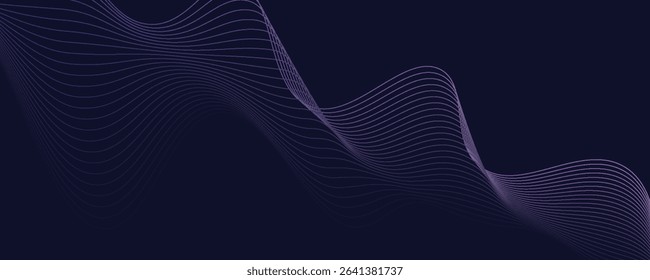 Dark abstract background with glowing wave. Shiny moving lines design element. Modern purple blue gradient flowing wave lines. Futuristic technology concept. Vector illustration