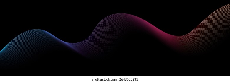Dark abstract background with glowing wave. Shiny moving lines design element. Modern purple blue gradient flowing wave lines. Futuristic technology concept. Vector illustration