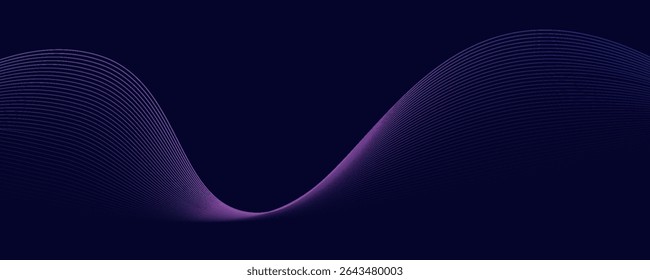 Dark abstract background with glowing wave. Shiny moving lines design element. Modern purple blue gradient flowing wave lines. Futuristic technology concept. Vector illustration