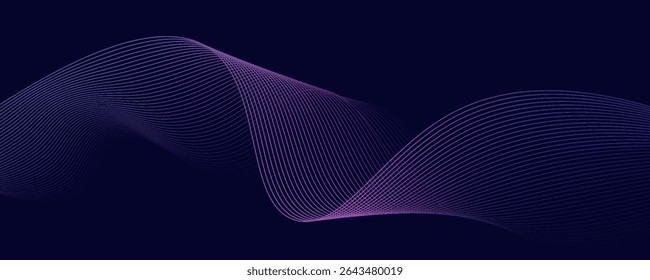 Dark abstract background with glowing wave. Shiny moving lines design element. Modern purple blue gradient flowing wave lines. Futuristic technology concept. Vector illustration
