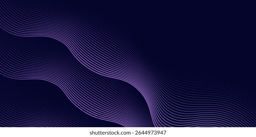 Dark abstract background with glowing wave. Shiny moving lines design element. Modern purple blue gradient flowing wave lines. Futuristic technology concept. Vector illustration