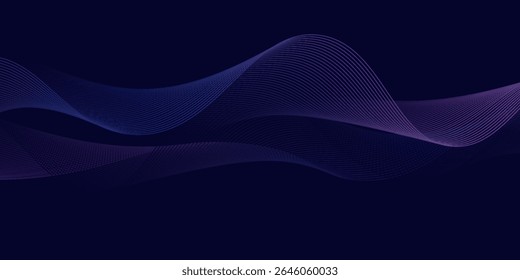 Fondo abstracto oscuro con onda brillante. Elemento de diseño de líneas móviles brillantes. Moderno gradiente azul púrpura que fluye líneas de onda. Concepto de tecnología futurista. Ilustración vectorial
