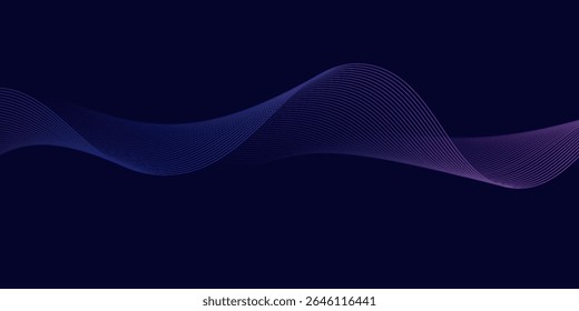 Dark abstract background with glowing wave. Shiny moving lines design element. Modern purple blue gradient flowing wave lines. Futuristic technology concept. Vector illustration