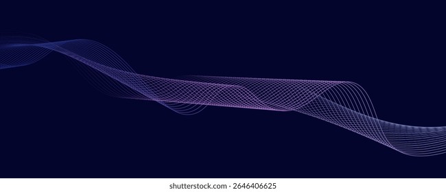 Dark abstract background with glowing wave. Shiny moving lines design element. Modern purple blue gradient flowing wave lines. Futuristic technology concept. Vector illustration