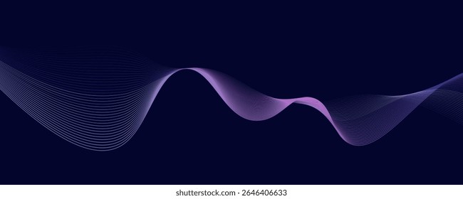 Dark abstract background with glowing wave. Shiny moving lines design element. Modern purple blue gradient flowing wave lines. Futuristic technology concept. Vector illustration