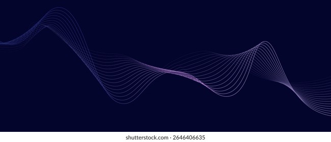 Dark abstract background with glowing wave. Shiny moving lines design element. Modern purple blue gradient flowing wave lines. Futuristic technology concept. Vector illustration