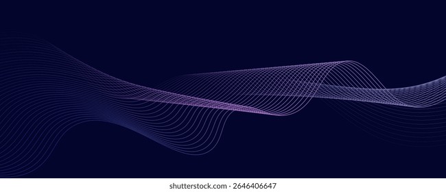 Dark abstract background with glowing wave. Shiny moving lines design element. Modern purple blue gradient flowing wave lines. Futuristic technology concept. Vector illustration
