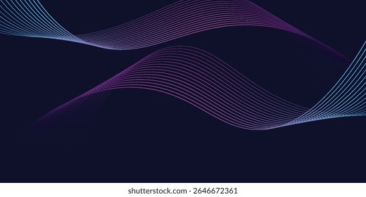Dark abstract background with glowing wave. Shiny moving lines design element. Modern purple blue gradient flowing wave lines