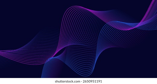 Dark abstract background with glowing wave. Shiny moving lines design element. Modern purple blue gradient flowing wave lines. Futuristic technology concept. Vector illustration