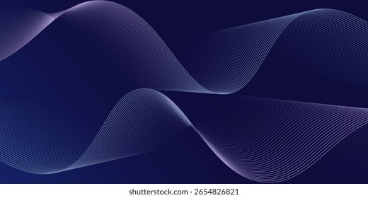 Fundo abstrato escuro com onda brilhante. Elemento de design de linhas móveis brilhantes. Moderno roxo azul gradiente fluindo linhas de onda. Conceito de tecnologia futurista. Ilustração vetorial. eps10