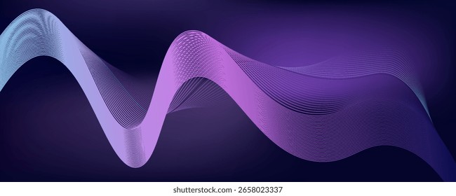 Fundo abstrato escuro com onda brilhante. Elemento de design de linhas móveis brilhantes. Moderno roxo azul gradiente fluindo linhas de onda. Conceito de tecnologia futurista. Ilustração vetorial