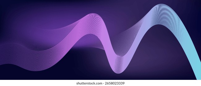 Dark abstract background with glowing wave. Shiny moving lines design element. Modern purple blue gradient flowing wave lines. Futuristic technology concept. Vector illustration