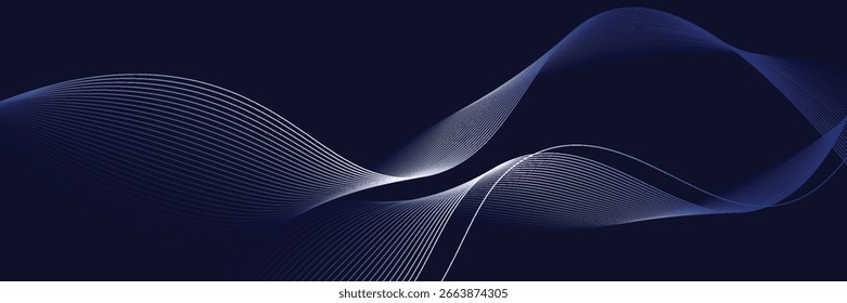Fundo abstrato escuro com onda brilhante. Elemento de design de linhas móveis brilhantes. Moderno roxo azul gradiente fluindo linhas de onda. Conceito de tecnologia futurista. Ilustração vetorial