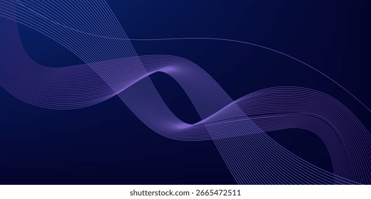 Fundo abstrato escuro com onda brilhante. Elemento de design de linhas móveis brilhantes. Moderno roxo azul gradiente fluindo linhas de onda