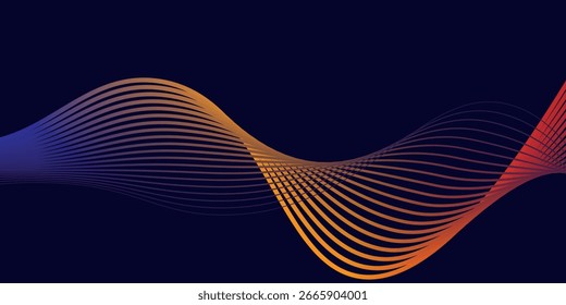 Dark abstract background with glowing wave. Shiny moving lines design element. Modern purple blue gradient