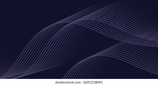Dark abstract background with glowing wave. Shiny moving lines design element. Modern purple blue gradient flowing wave lines. Futuristic technology concept. Vector illustration