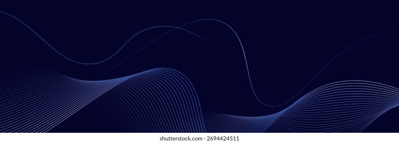 Fundo abstrato escuro com onda brilhante. Elemento de design de linhas móveis brilhantes. Moderno roxo azul gradiente fluindo linhas de onda. Conceito de tecnologia futurista. Vetor 