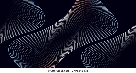 Dark abstract background with glowing wave. Shiny moving lines design element. Elegant dynamic wavy lines. Modern futuristic technology concept. Vector