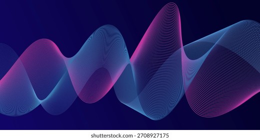 Dunkler abstrakter Hintergrund mit leuchtender Welle. Glänzendes Design-Element für bewegte Linien. Moderne violette blaue Gradienten fließende Wellenlinien. Futuristisches Technologiekonzept. Vektorgrafik

