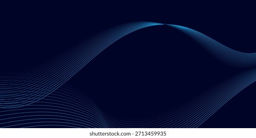 Dark abstract background with glowing wave. Shiny moving lines design element. Modern purple blue gradient flowing wave lines. 