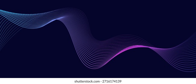 Fondo abstracto oscuro con onda brillante. Elemento de diseño de líneas móviles brillantes. Moderno gradiente azul púrpura que fluye líneas de onda.