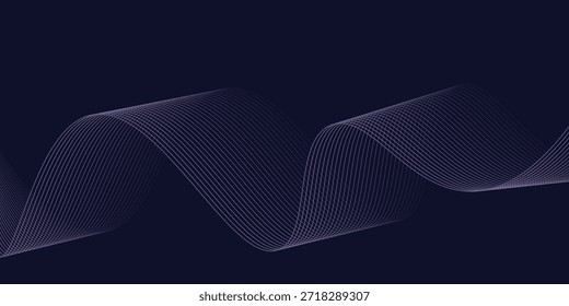 Dark abstract background with glowing wave. Shiny moving lines design element. Modern purple blue gradient flowing wave lines. Futuristic technology concept. Vector illustration