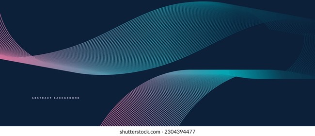 Dark abstract background with glowing waves. Shiny moving line design element. Modern blue purple gradient flowing wave line. Futuristic technology concept. Vector illustration
