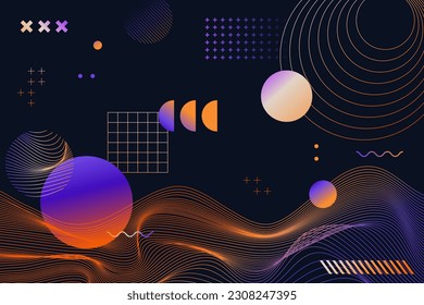 Dark abstract background with glowing waves and shapes. Modern purple blue gradient flowing wave lines. Futuristic technology concept. Vector illustration.