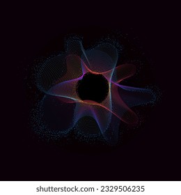 Dark abstract background with glowing wavy tunnel. Shiny moving lines design element. Futuristic technology concept. Modern purple blue gradient smooth wave lines. Vector illustration.