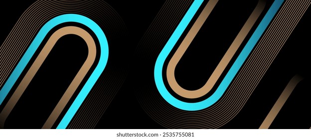 Fondo abstracto oscuro con efecto de luz dorada y azul. Brillantes líneas de oro redondeadas en diagonal. Elemento de diseño de forma geométrica de gradiente moderno. Futurista