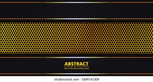 Dark abstract background with golden hexagon carbon fiber. Abstract background with golden luminous lines on carbon grid. Luxury modern futuristic backdrop. Vector illustration EPS10.