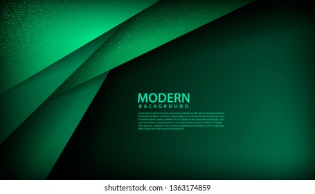 Dark abstract background with green overlap layers. Modern shape with sparkle light and light glitters dots element decoration. Realistic dimension design vector illustration.