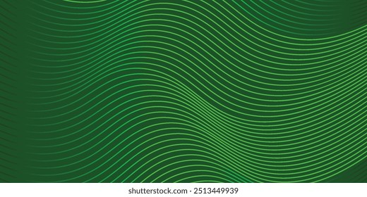 Dark abstract background with green waves. Bright green waves. Shiny moving lines elements. Modern luxury template design. Suitable for banner, invitation, flyer, poster, presentation, business