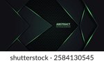 Dark abstract background with hexagon grid and green luminous lines and arrow shapes. Technology vector illustration