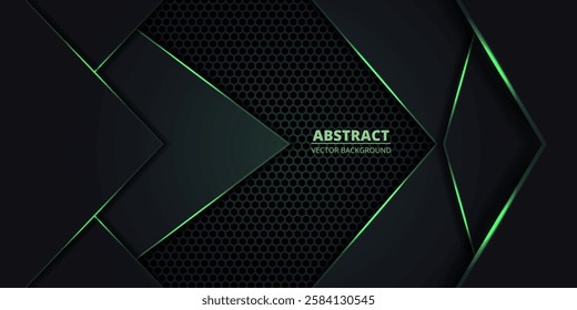 Dark abstract background with hexagon grid and green luminous lines and arrow shapes. Technology vector illustration