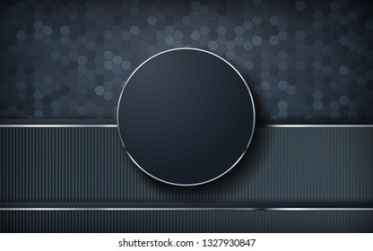 Dark abstract background. Hexagon texture with silver list decoration. 3d backdrop. Realistic vector illustration.