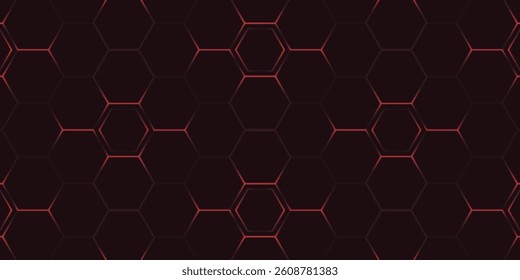 Dark abstract background with a hexagonal grid pattern highlighted by red glowing outlines, creating a futuristic and tech-inspired design.