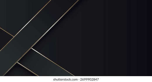 Dunkler abstrakter Hintergrund mit einem luxuriösen und eleganten Design von grauen Farbverlauf geometrischen Formen und glänzenden Goldlinien. Vektorgrafik