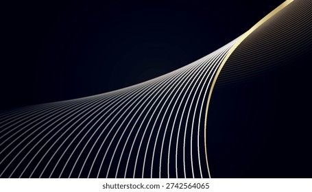 Dark abstract background with luxurious glittering gold wavy lines decoration. Elegant premium curved line design for cover, brochure, card, certificate, and award. Vector eps. 3