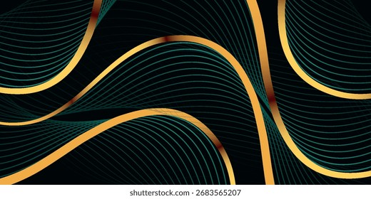 Dunkler abstrakter Hintergrund mit luxuriöser goldener Welleneffektdekoration. Modernes Wellenlinien-Stilkonzept für Banner, Web, Flyer, Karten, Cover und Broschüren. VOL. 5