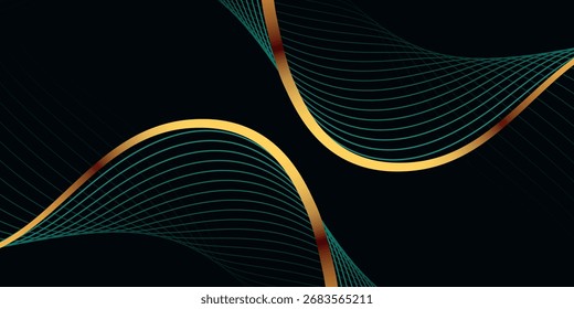 Fondo abstracto oscuro con decoración de efecto de onda dorada de lujo. Concepto moderno de estilo de líneas onduladas para Anuncios, Web, volantes, tarjetas, cubiertas y folletos. VOL. 4