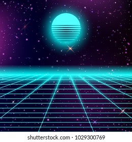 Dark abstract background made in 80s style. Abstract background with neon grids and starry sky and moon or sun in vintage style. Vector illustration for your graphic design.