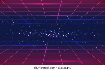 Dark abstract background made in 80s style. Abstract background with neon grids in vintage style. Vector illustration for your graphic design.