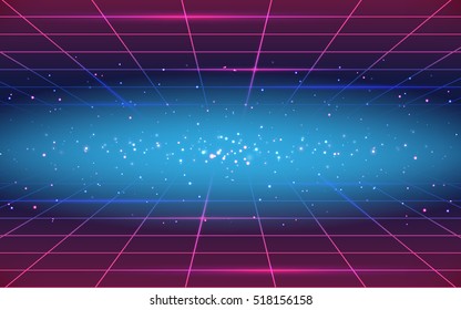 Dark abstract background made in 80s style. Abstract background with neon grids in vintage style. Vector illustration for your graphic design.