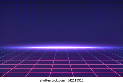 Dark abstract background made in 80s style. Abstract background with neon grids in vintage style. Vector illustration for your graphic design.