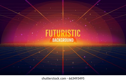 Dark abstract background made in 80s style. Horizontal abstract background with neon grids in vintage style. Vector illustration for your graphic design.