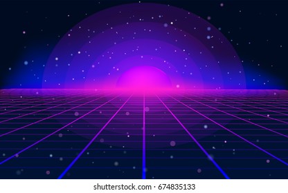 Dark abstract background made in 80s style. Abstract background with neon grids in vintage style. Vector illustration for your graphic design.