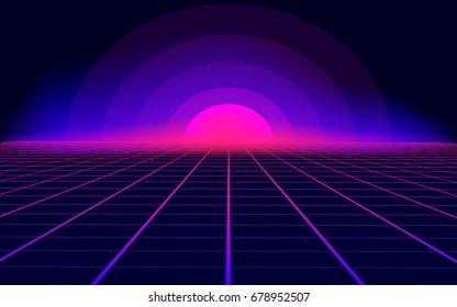 Dark abstract background made in 80s style. Abstract background with neon grids in vintage style. Vector illustration for your graphic design.