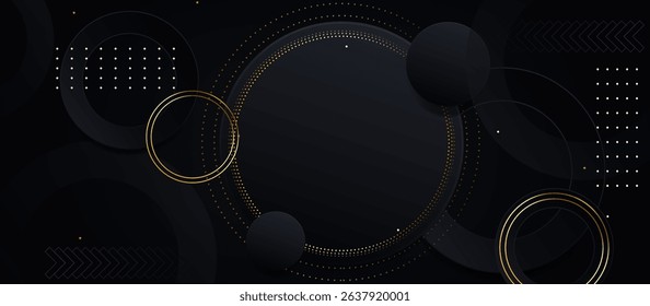 Dark Abstract Background with Matte Black Overlapping Circles and Rings, Accented by Intricate Gold Lines, Dotted Patterns, and Arrow-Like Shapes for Depth, Texture, and a Futuristic Minimalist 